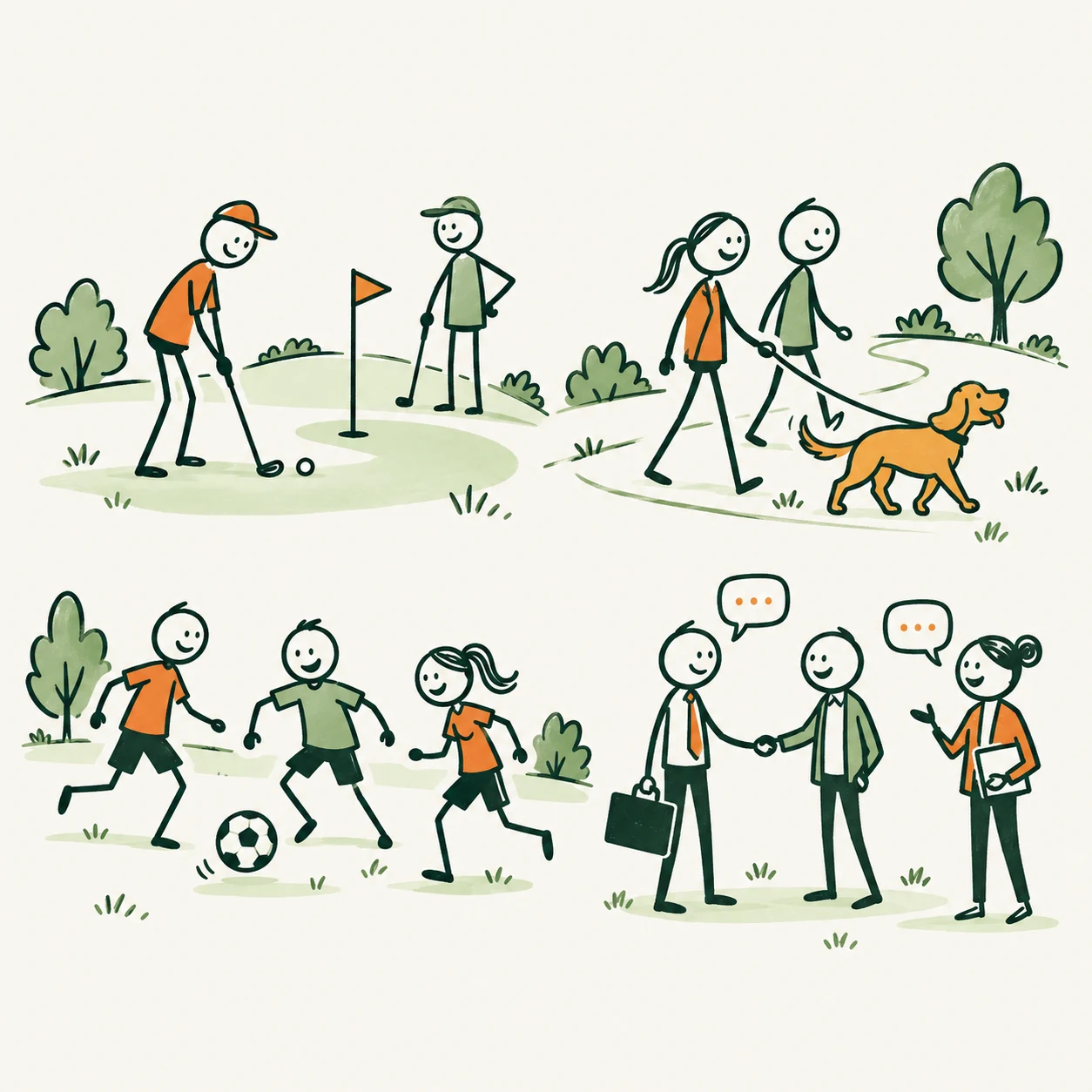 Stick people playing golf and football, walking a dog and making business connections