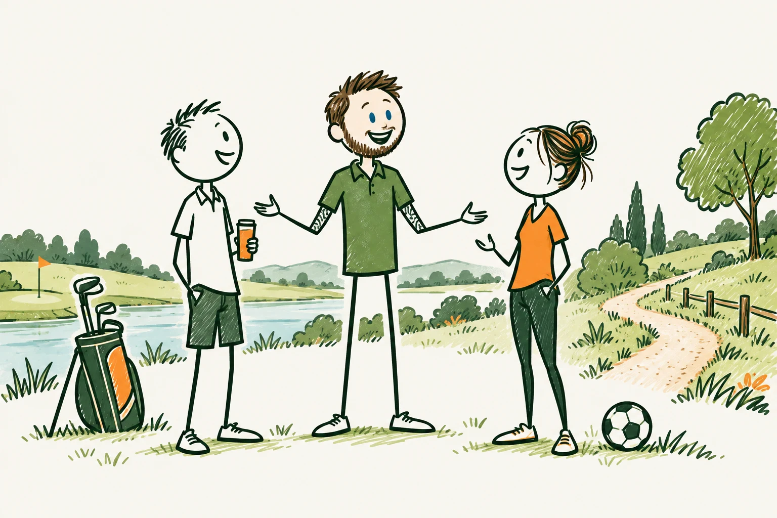 Illustration of Andy Newbrook with brown hair, a beard and tattooed arms, bringing people together through activities and conversation