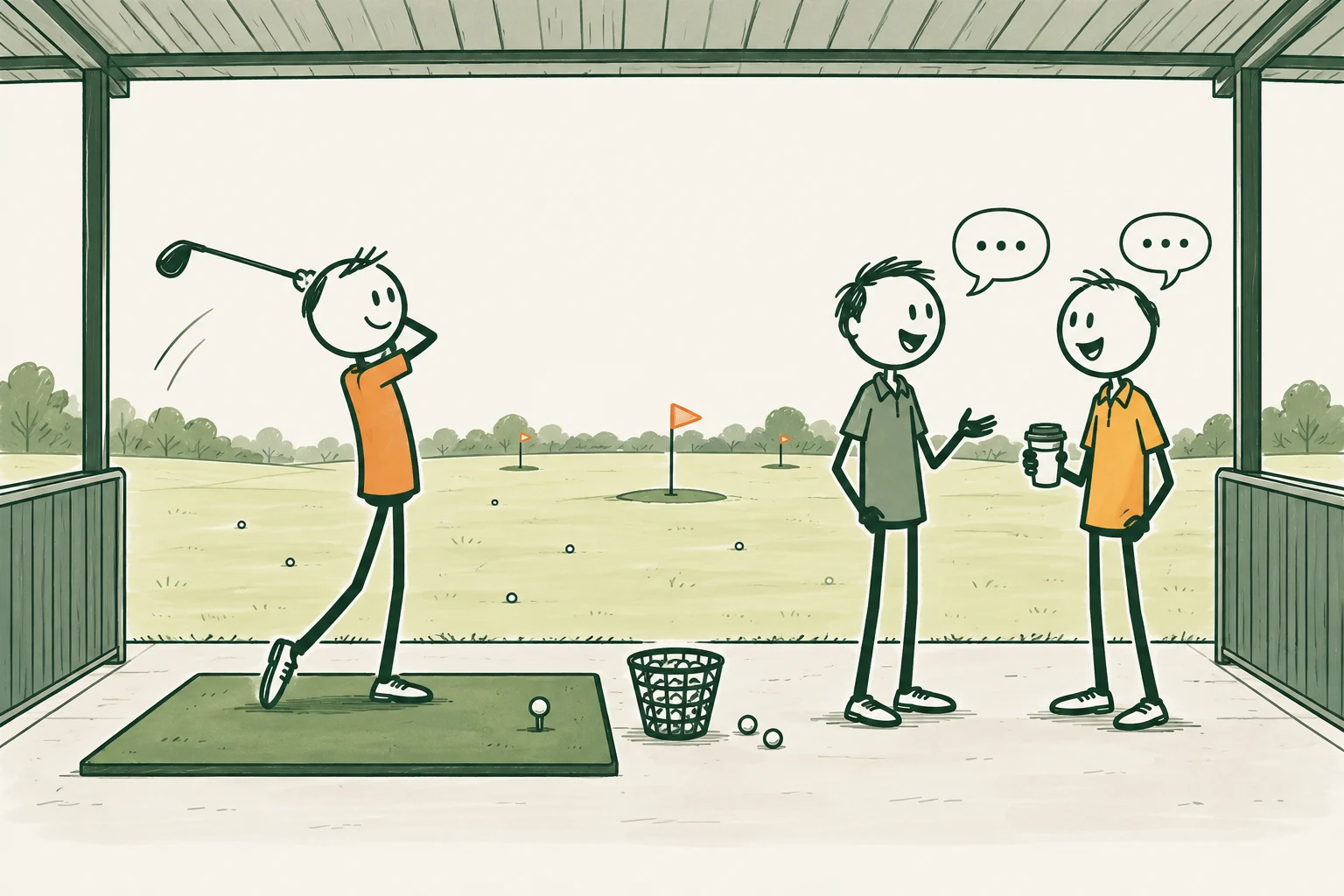 Three stick men in a driving range bay: one taking a golf swing while two chat and network